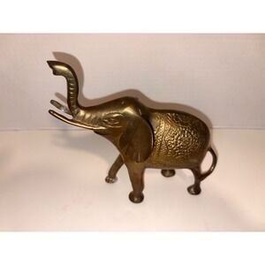 Vintage Etched Brass Elephant Figurine Trunk Up Good Luck Statue 6.5 Inch